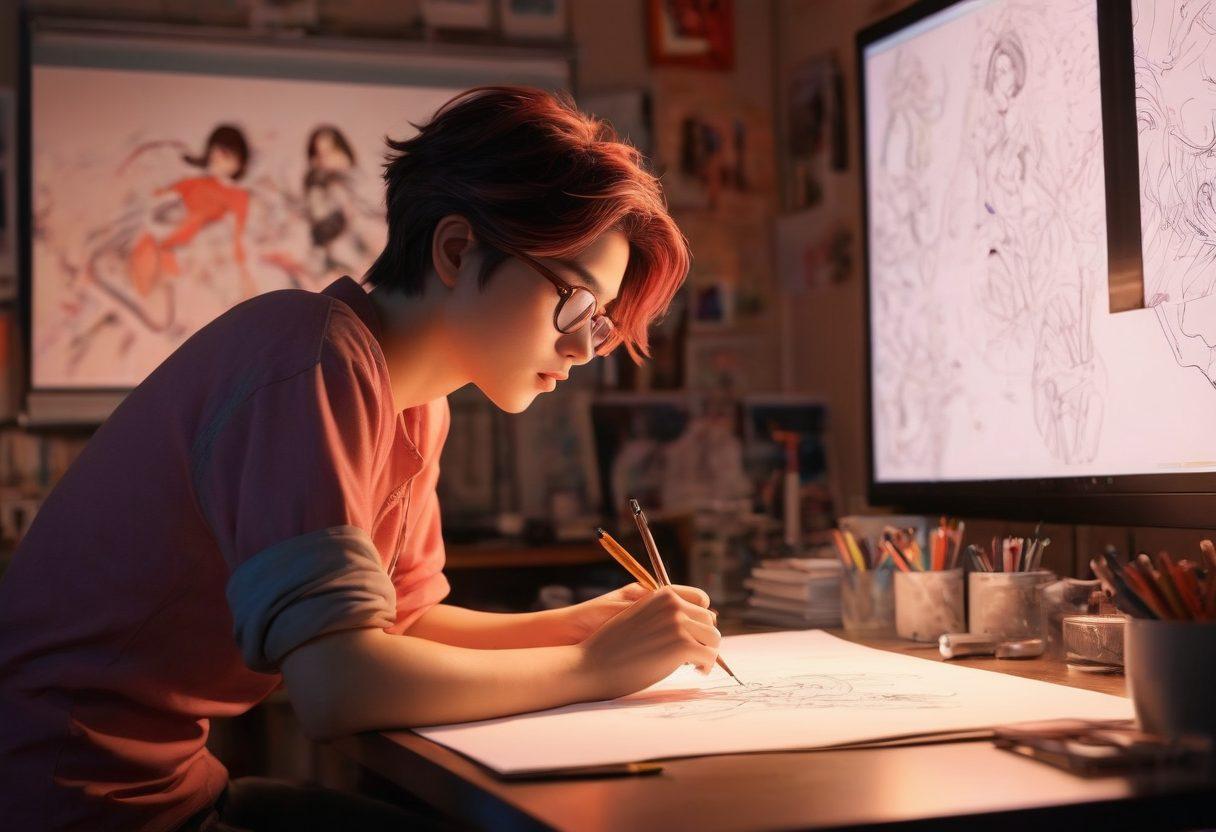 A dynamic scene showcasing a skilled animator at work, surrounded by sketches of erotic manga characters transitioning into lively animated frames. The studio is filled with vibrant colors, tools of the trade, and glowing screens displaying in-progress animations. Include elements like panels from a manga, motion lines, and playful expressions of the characters. The overall ambiance should convey creativity, passion, and the sensual allure of animation. vibrant colors. super-realistic.